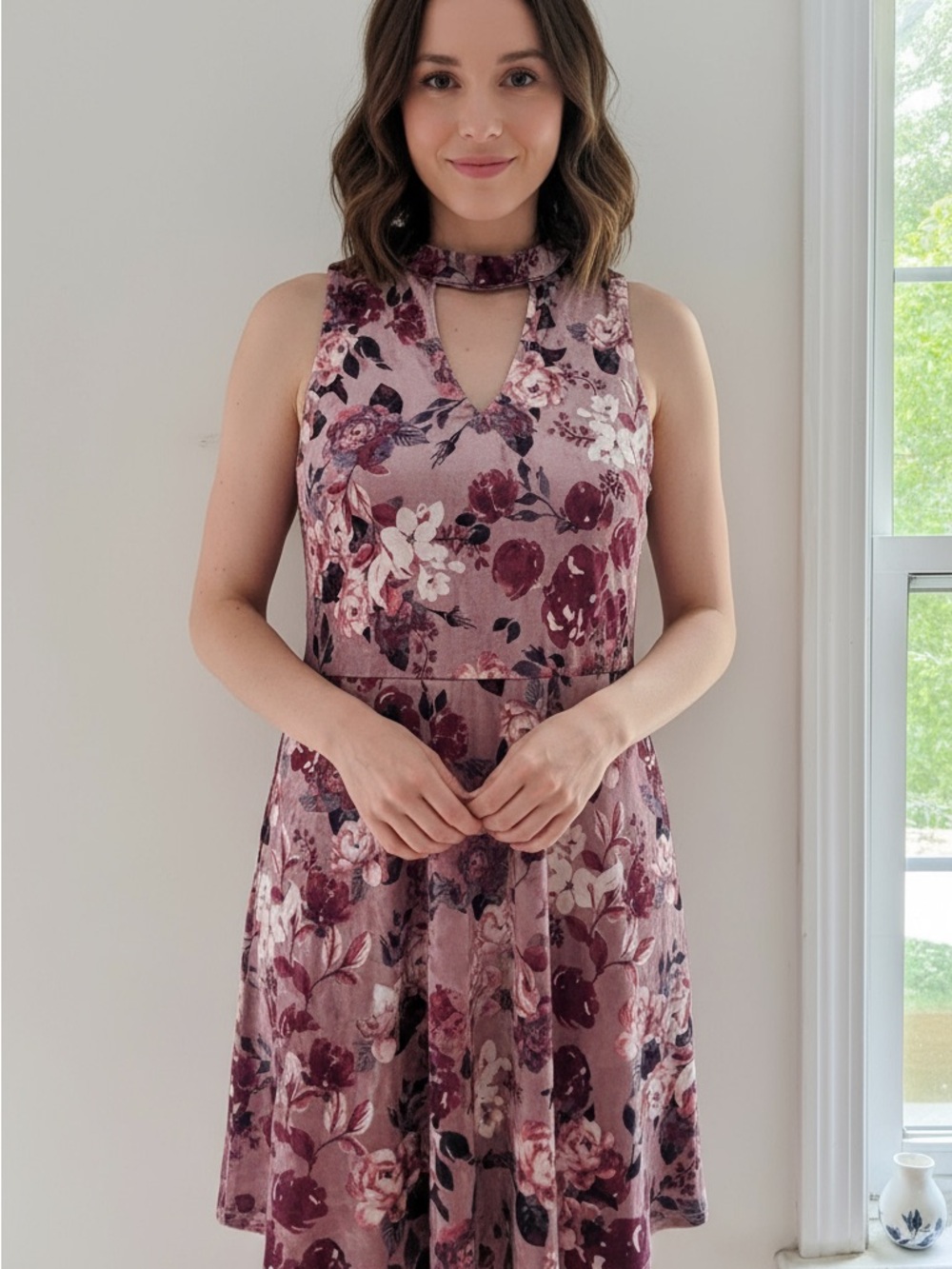 miami Mauve and Berry Floral Choker V-Neck Dress